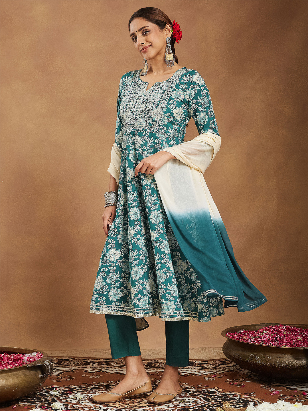 Women's Teal Green Pure Cotton Yoke Embroidered Floral Printed Anarkali Kurta Set