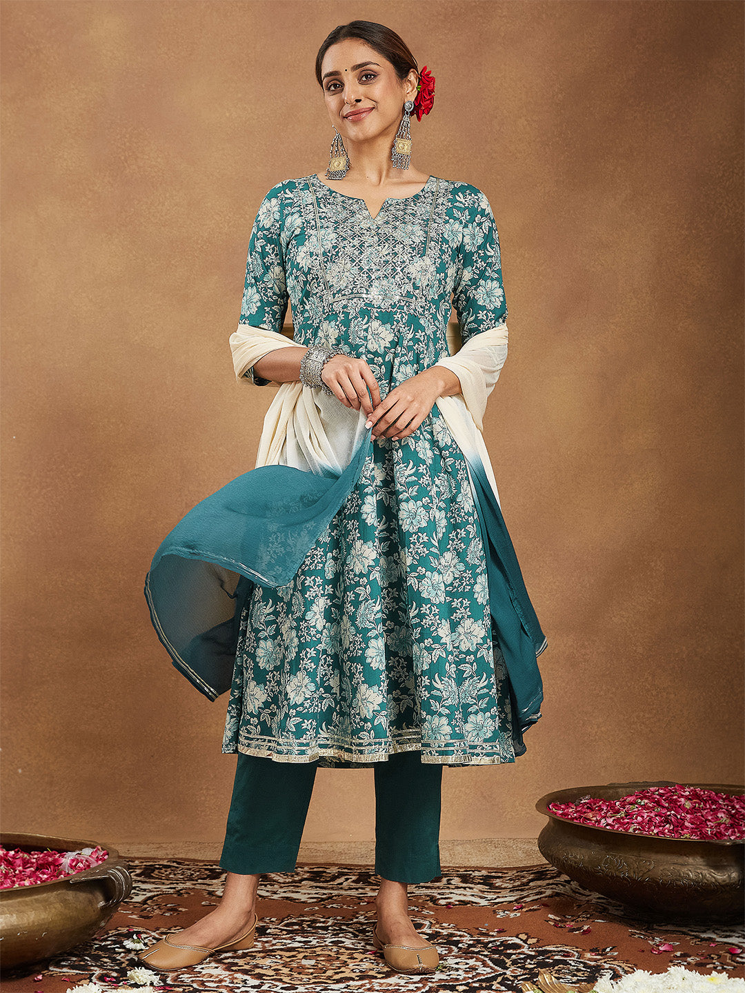 Women's Teal Green Pure Cotton Yoke Embroidered Floral Printed Anarkali Kurta Set
