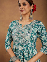 Women's Teal Green Pure Cotton Yoke Embroidered Floral Printed Anarkali Kurta Set