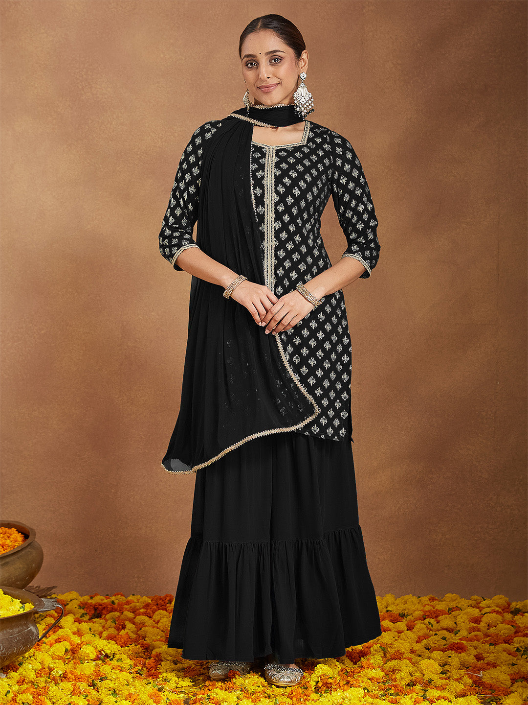 Women's Black Georgette Embellished Foil Printed Straight Kurta With Sharara & Dupatta Set