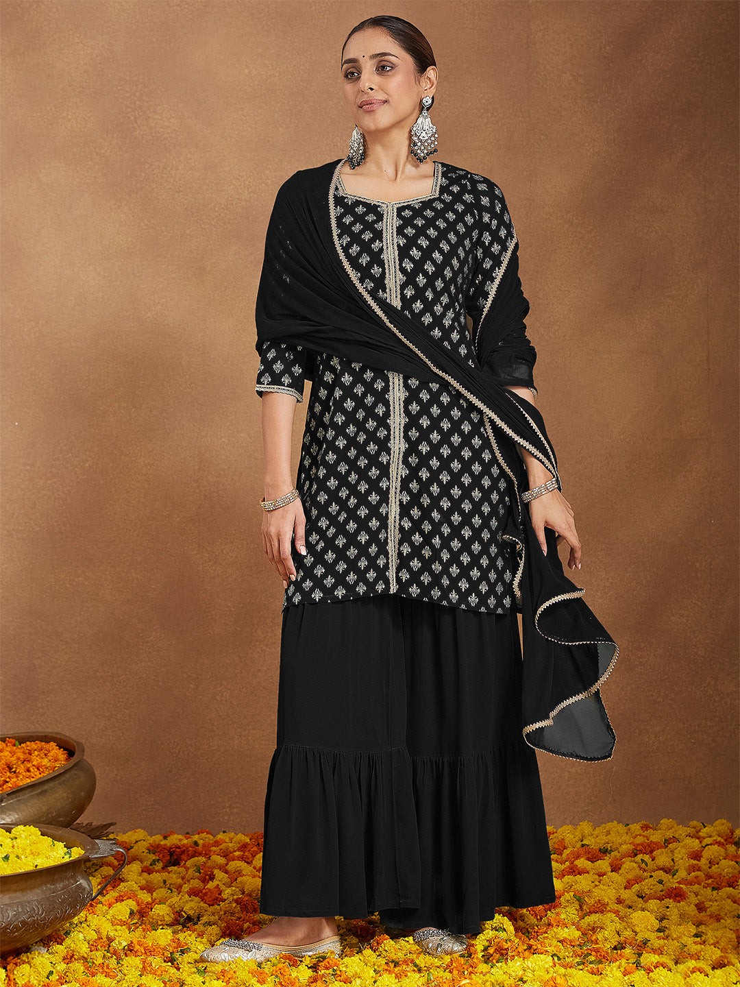 Women's Black Georgette Embellished Foil Printed Straight Kurta With Sharara & Dupatta Set