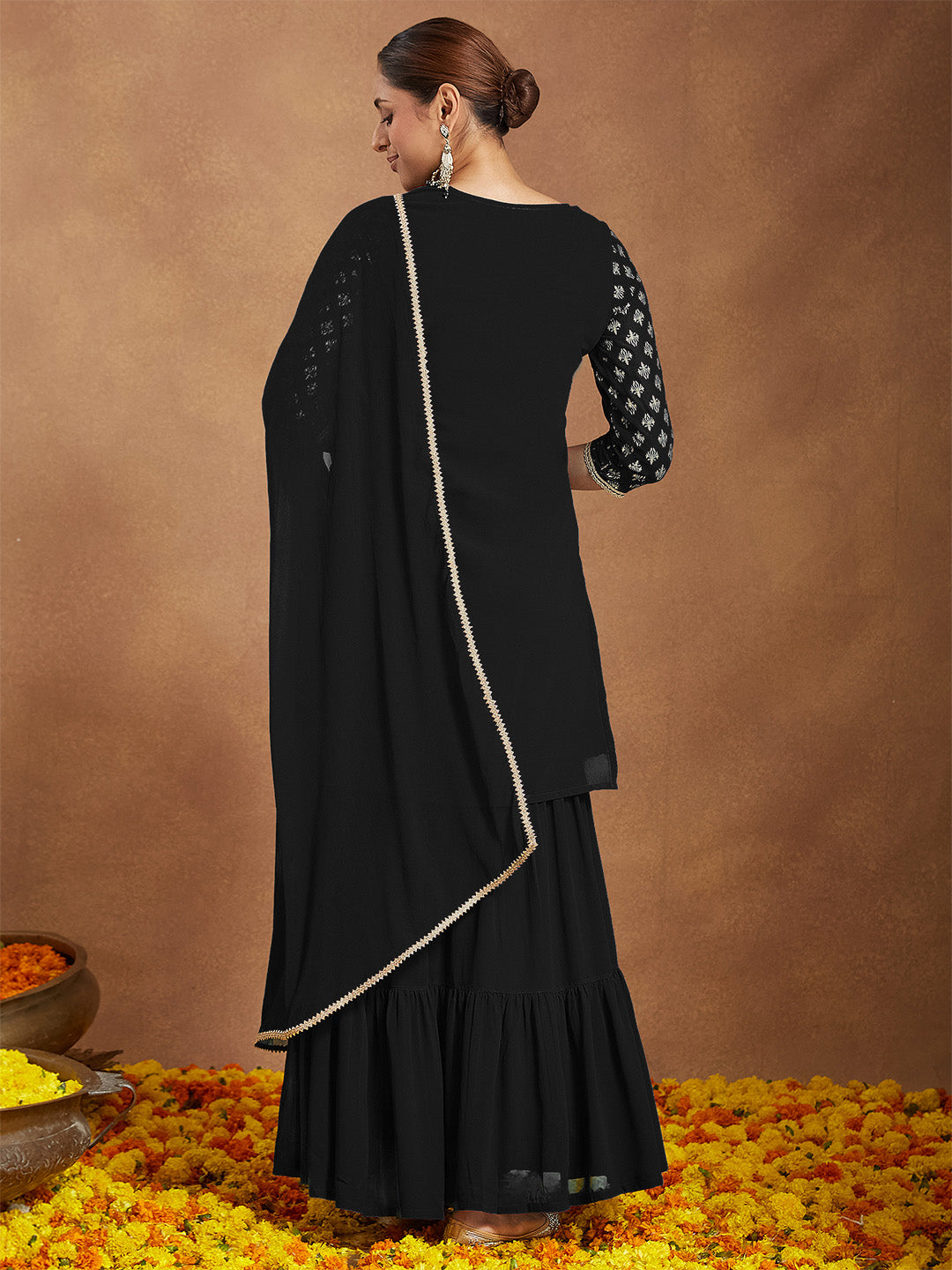 Women's Black Georgette Embellished Foil Printed Straight Kurta With Sharara & Dupatta Set