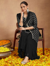 Women's Black Georgette Embellished Foil Printed Straight Kurta With Sharara & Dupatta Set