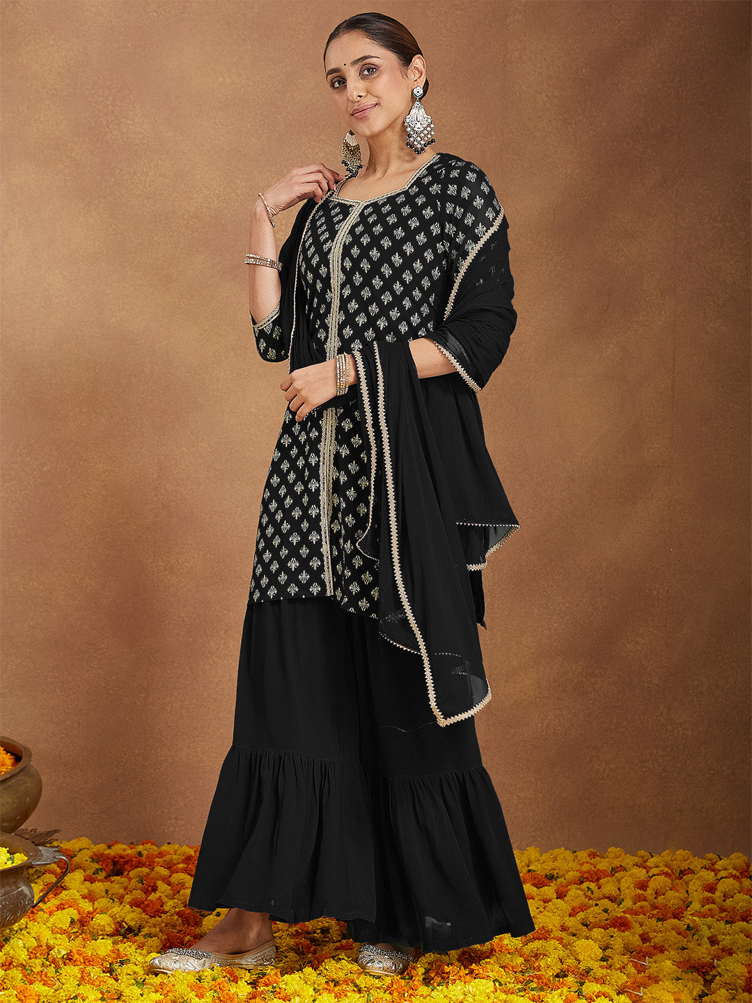 Women's Black Georgette Embellished Foil Printed Straight Kurta With Sharara & Dupatta Set