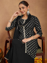 Women's Black Georgette Embellished Foil Printed Straight Kurta With Sharara & Dupatta Set