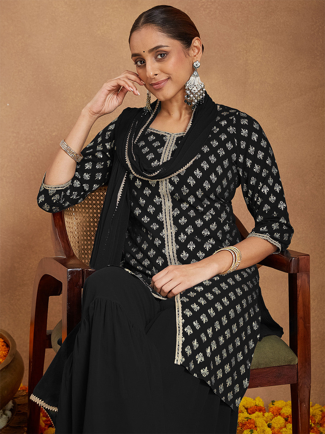 Women's Black Georgette Embellished Foil Printed Straight Kurta With Sharara & Dupatta Set
