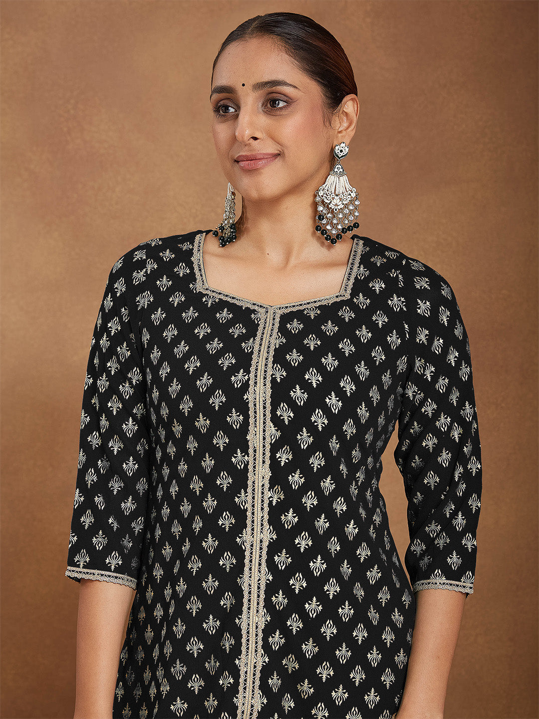 Women's Black Georgette Embellished Foil Printed Straight Kurta With Sharara & Dupatta Set