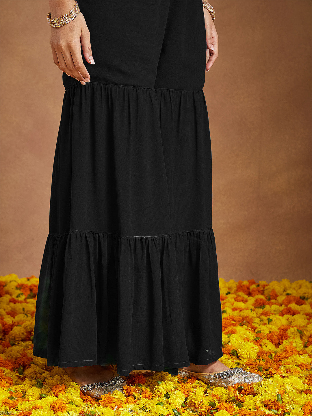 Women's Black Georgette Embellished Foil Printed Straight Kurta With Sharara & Dupatta Set