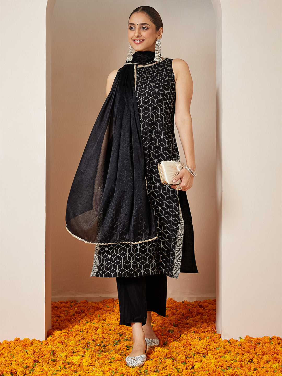 Women's Black Chanderi Silk Embellished Gold Printed Straight Kurta Set