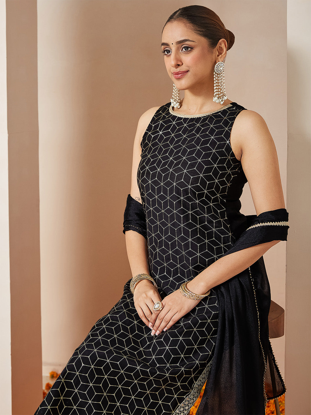 Women's Black Chanderi Silk Embellished Gold Printed Straight Kurta Set