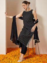 Women's Black Chanderi Silk Embellished Gold Printed Straight Kurta Set