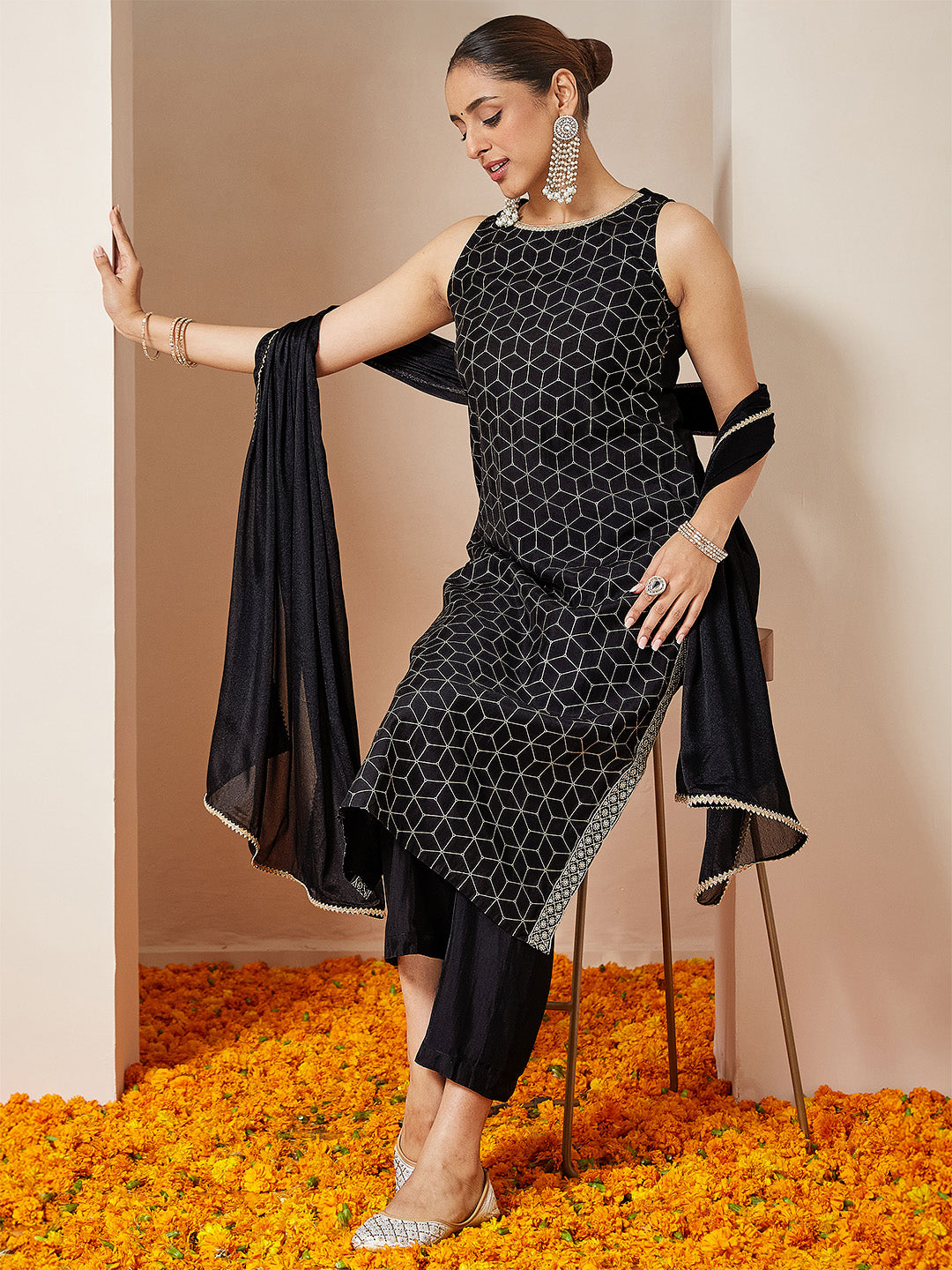 Women's Black Chanderi Silk Embellished Gold Printed Straight Kurta Set