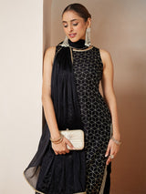 Women's Black Chanderi Silk Embellished Gold Printed Straight Kurta Set