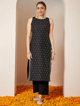 Women's Black Chanderi Silk Embellished Gold Printed Straight Kurta Set