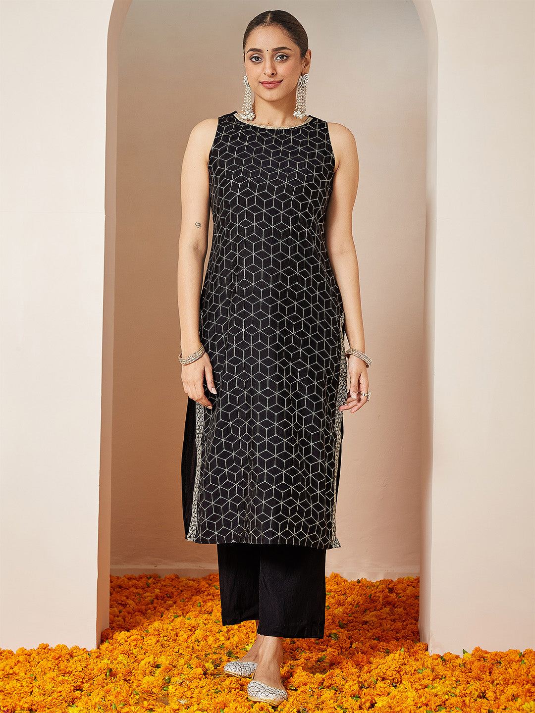 Women's Black Chanderi Silk Embellished Gold Printed Straight Kurta Set