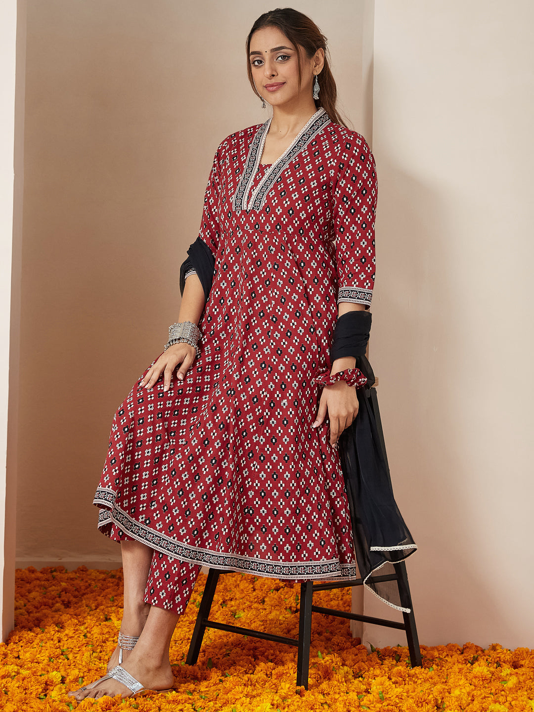 Women's Maroon Pure Cotton Ikkat Printed Anarkali Kurta Set