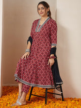 Women's Maroon Pure Cotton Ikkat Printed Anarkali Kurta Set