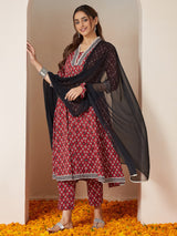Women's Maroon Pure Cotton Ikkat Printed Anarkali Kurta Set