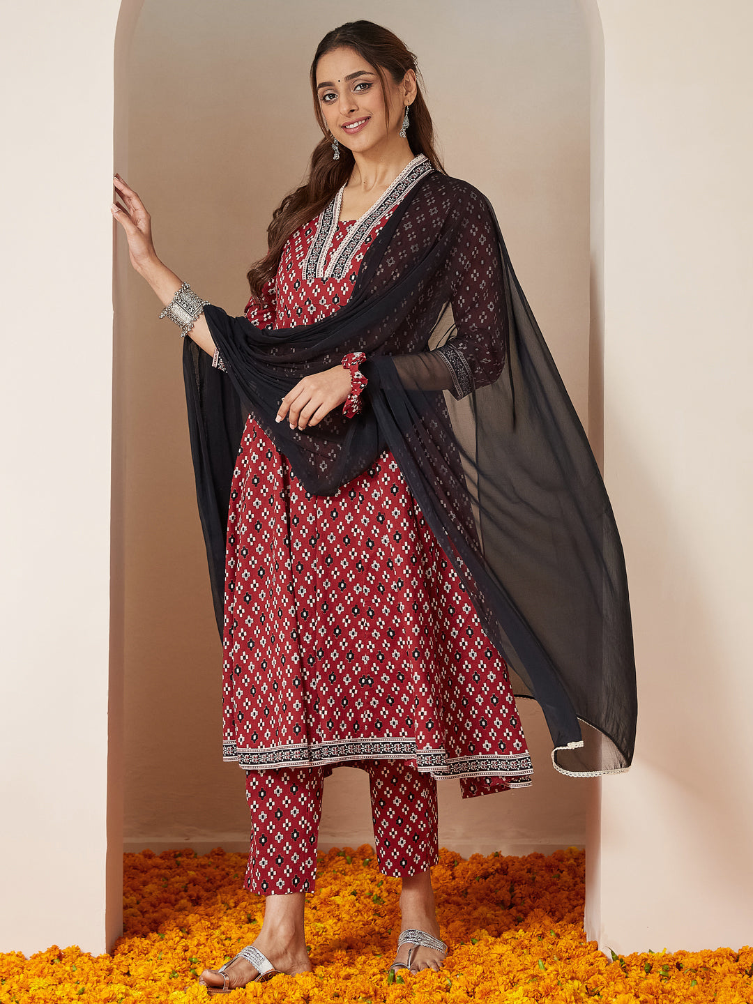 Women's Maroon Pure Cotton Ikkat Printed Anarkali Kurta Set