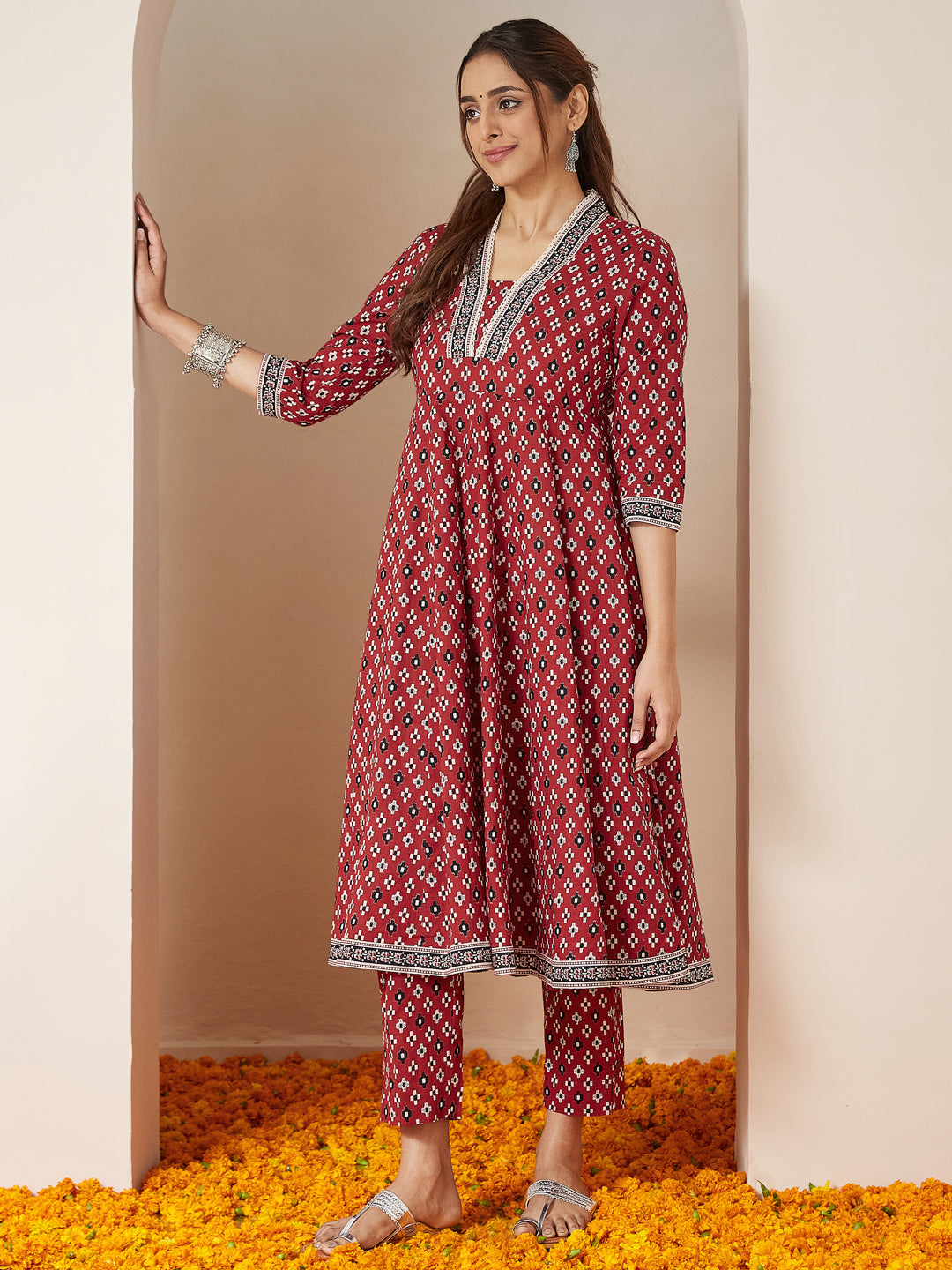 Women's Maroon Pure Cotton Ikkat Printed Anarkali Kurta Set
