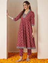 Women's Maroon Pure Cotton Ikkat Printed Anarkali Kurta Set
