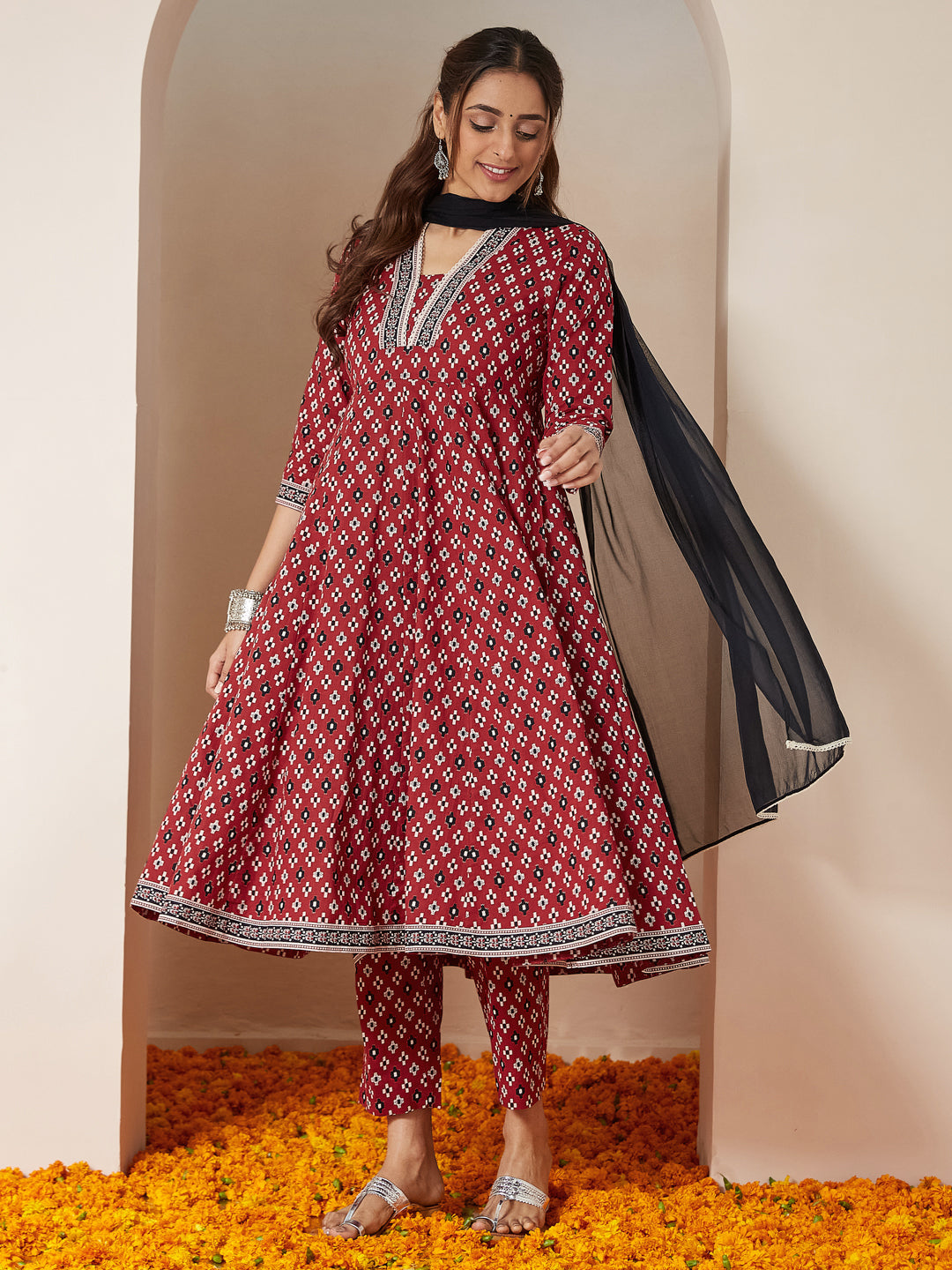 Women's Maroon Pure Cotton Ikkat Printed Anarkali Kurta Set