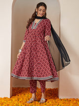 Women's Maroon Pure Cotton Ikkat Printed Anarkali Kurta Set