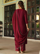 Women's Maroon Silk Blend Zari Embroidered Straight Kurta Set With Dupatta