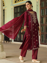Women's Maroon Silk Blend Zari Embroidered Straight Kurta Set With Dupatta