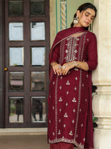 Women's Maroon Silk Blend Zari Embroidered Straight Kurta Set With Dupatta