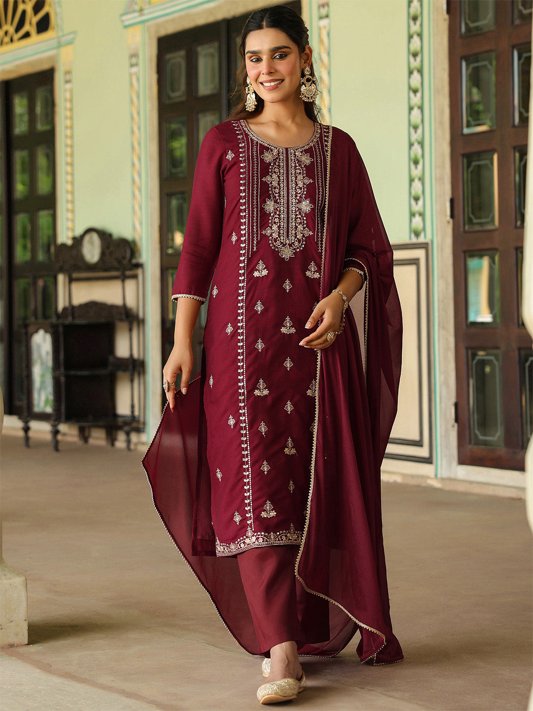 Women's Maroon Silk Blend Zari Embroidered Straight Kurta Set With Dupatta