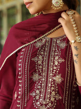 Women's Maroon Silk Blend Zari Embroidered Straight Kurta Set With Dupatta