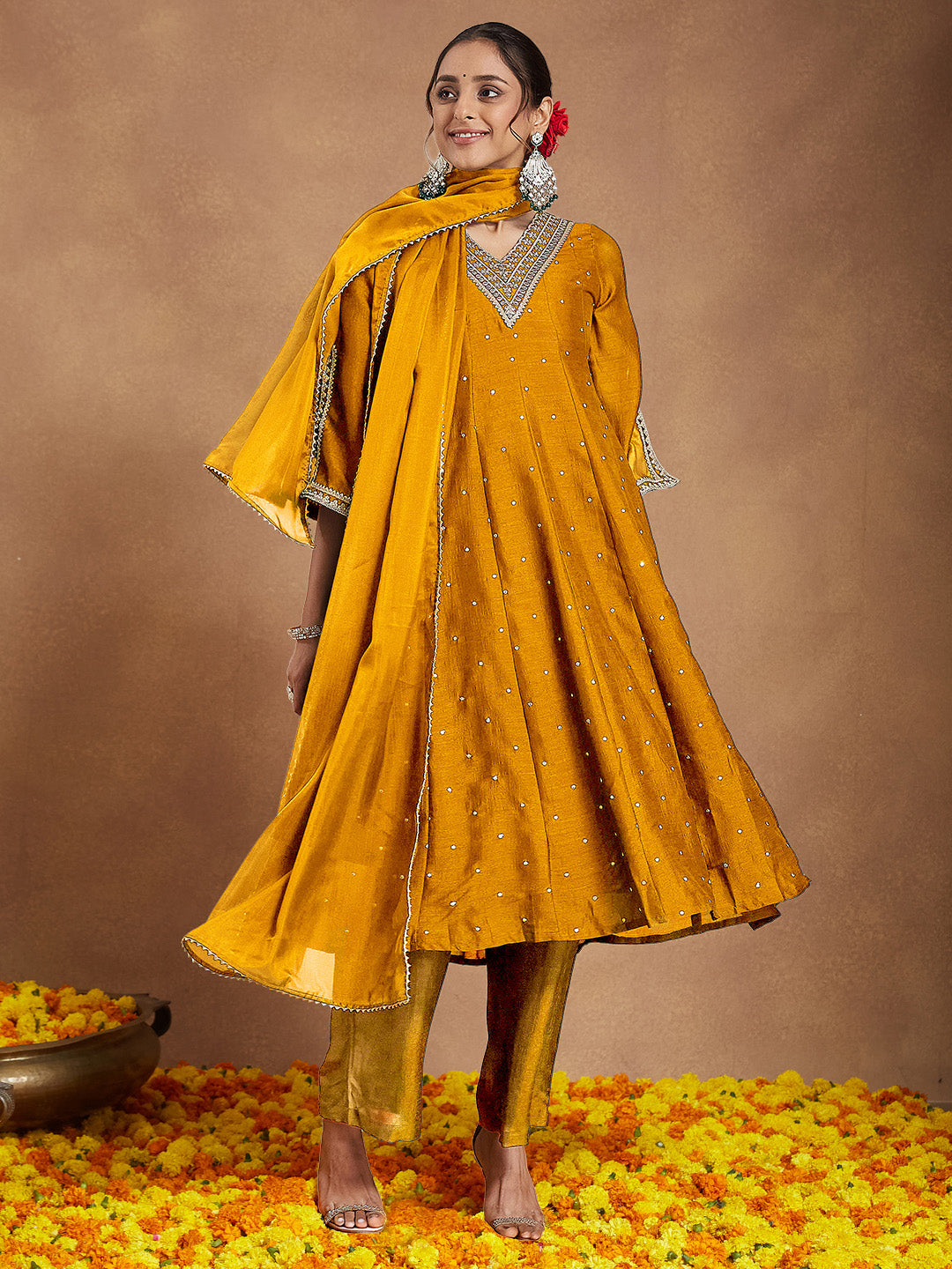Women's Mustard Silk Blend Zari Embroidered Anarkali Kurta With Palazzo & Dupatta Set