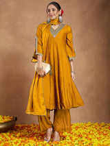 Women's Mustard Silk Blend Zari Embroidered Anarkali Kurta With Palazzo & Dupatta Set