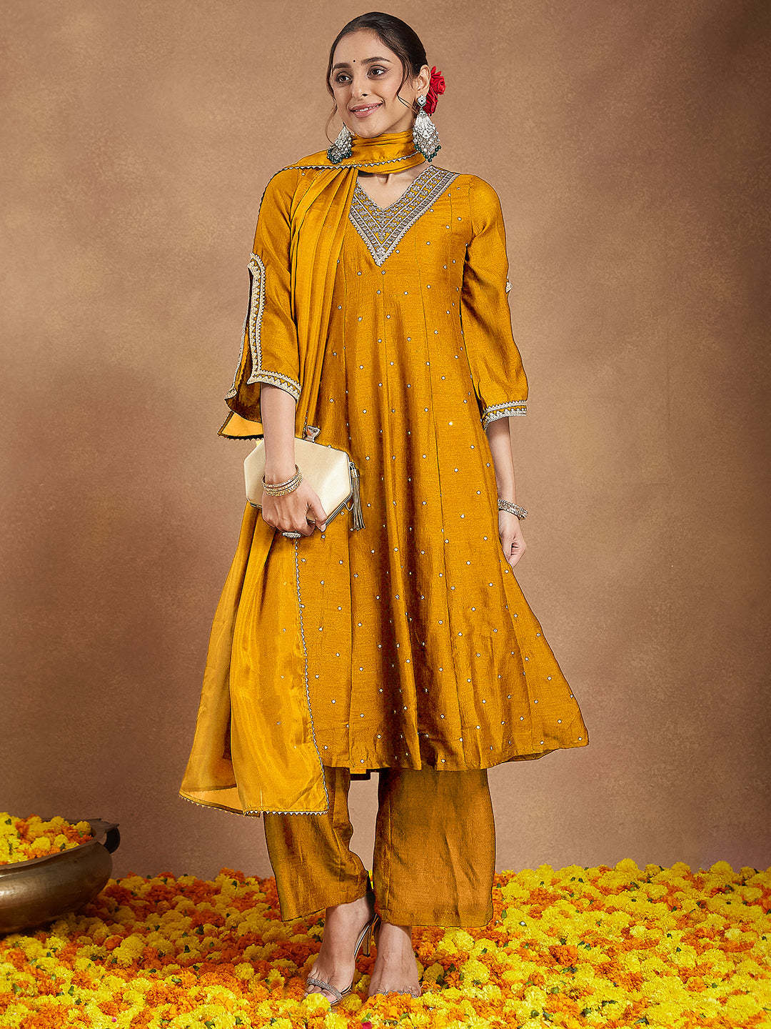 Women's Mustard Silk Blend Zari Embroidered Anarkali Kurta With Palazzo & Dupatta Set