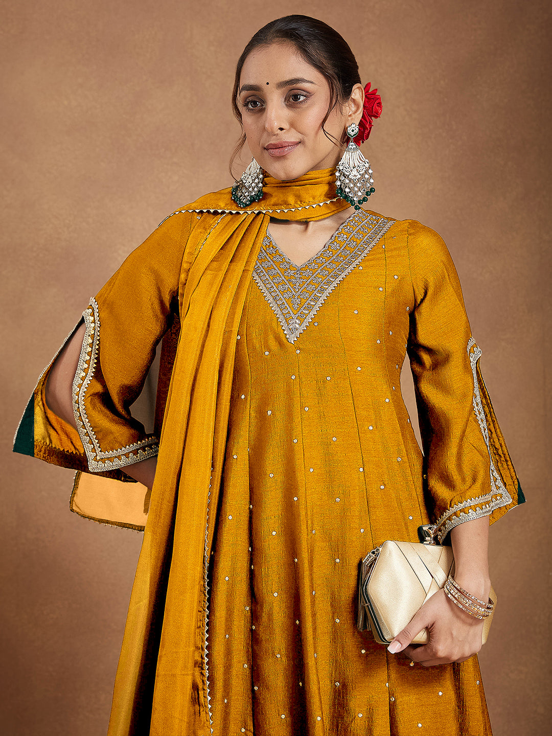 Women's Mustard Silk Blend Zari Embroidered Anarkali Kurta With Palazzo & Dupatta Set