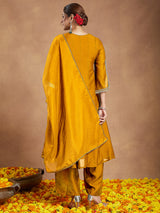 Women's Mustard Silk Blend Zari Embroidered Anarkali Kurta With Palazzo & Dupatta Set