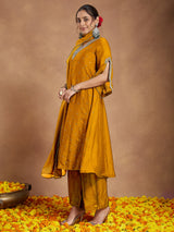 Women's Mustard Silk Blend Zari Embroidered Anarkali Kurta With Palazzo & Dupatta Set