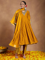 Women's Mustard Silk Blend Zari Embroidered Anarkali Kurta With Palazzo & Dupatta Set