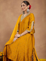Women's Mustard Silk Blend Zari Embroidered Anarkali Kurta With Palazzo & Dupatta Set