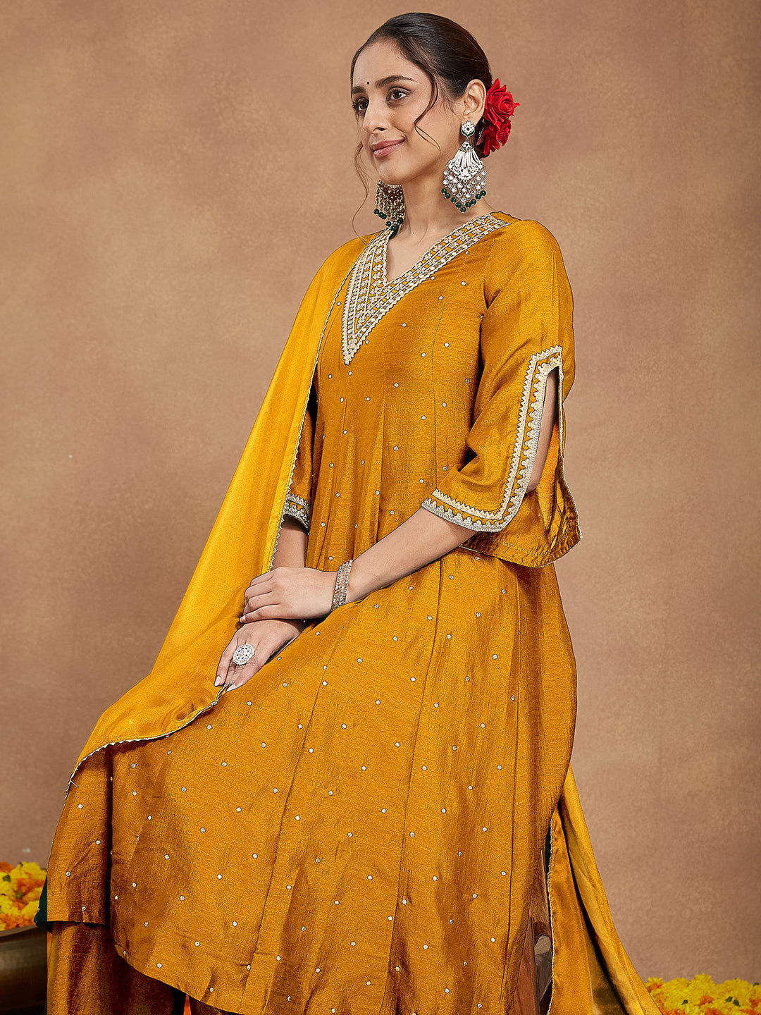 Women's Mustard Silk Blend Zari Embroidered Anarkali Kurta With Palazzo & Dupatta Set