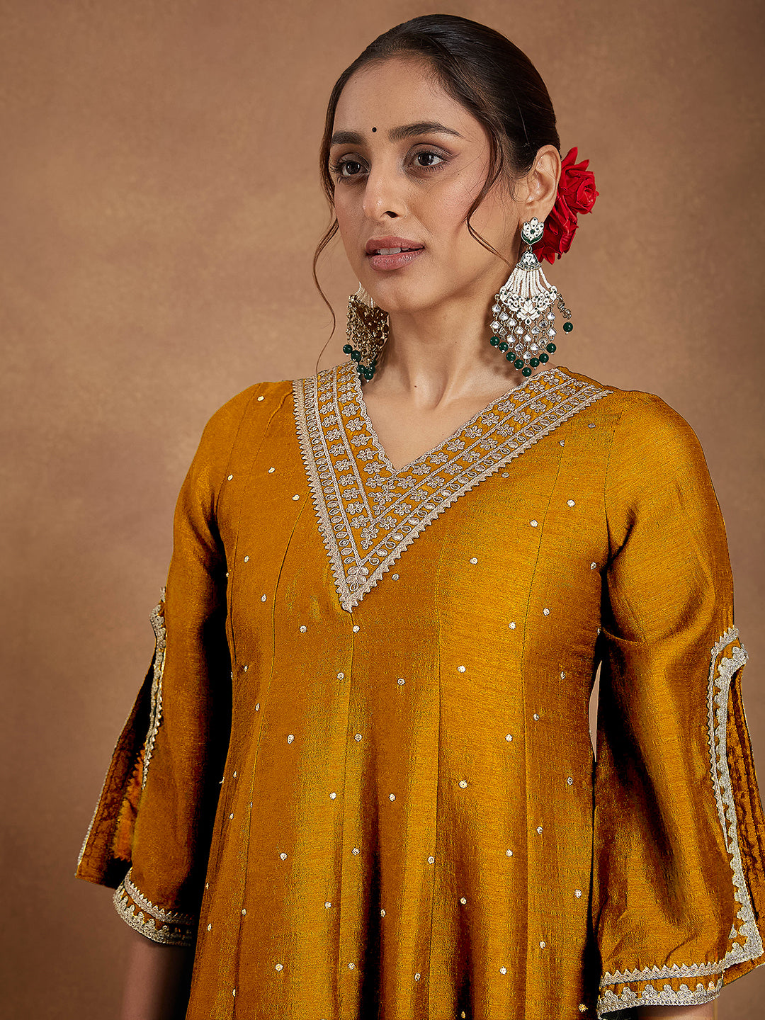 Women's Mustard Silk Blend Zari Embroidered Anarkali Kurta With Palazzo & Dupatta Set
