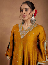 Women's Mustard Silk Blend Zari Embroidered Anarkali Kurta With Palazzo & Dupatta Set