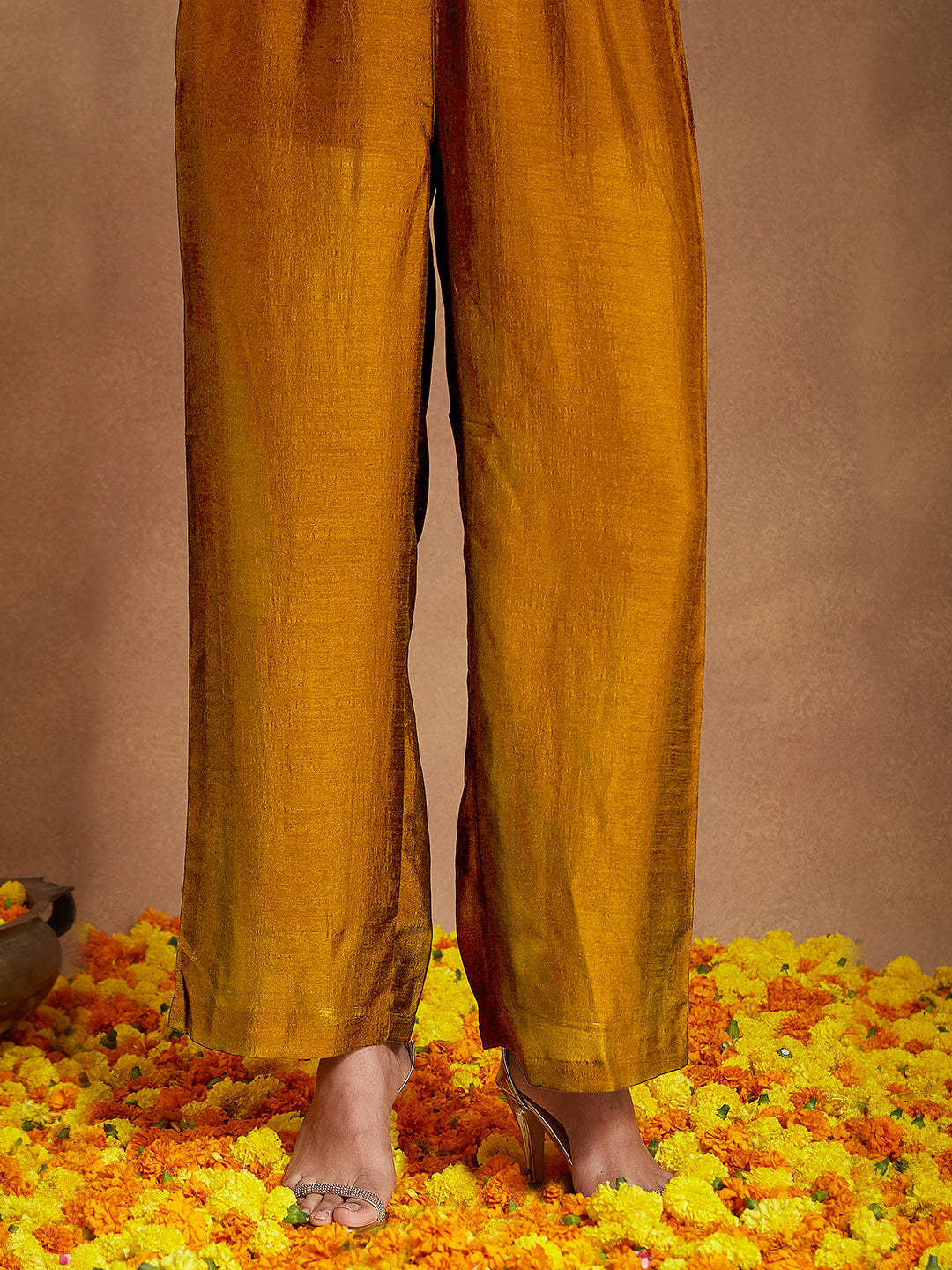 Women's Mustard Silk Blend Zari Embroidered Anarkali Kurta With Palazzo & Dupatta Set