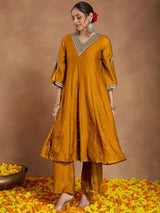 Women's Mustard Silk Blend Zari Embroidered Anarkali Kurta With Palazzo & Dupatta Set