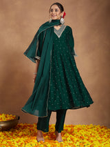 Women's Green Silk Blend Zari Embroidered Anarkali Kurta With Palazzo & Dupatta Set