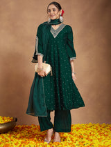 Women's Green Silk Blend Zari Embroidered Anarkali Kurta With Palazzo & Dupatta Set