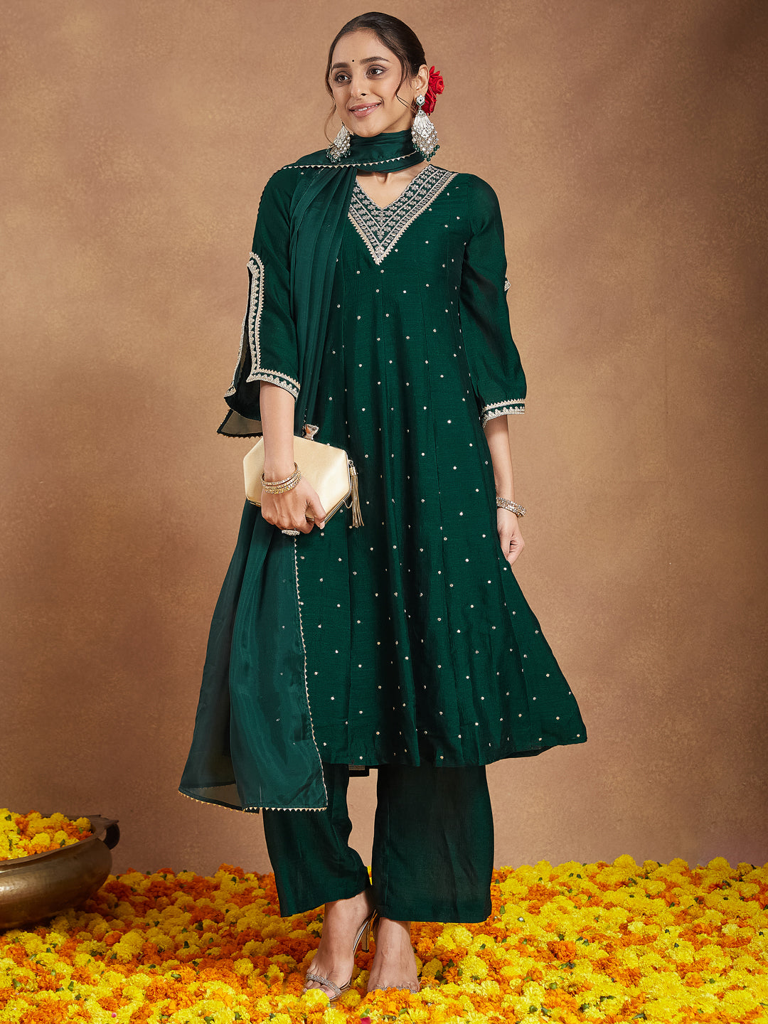 Women's Green Silk Blend Zari Embroidered Anarkali Kurta With Palazzo & Dupatta Set