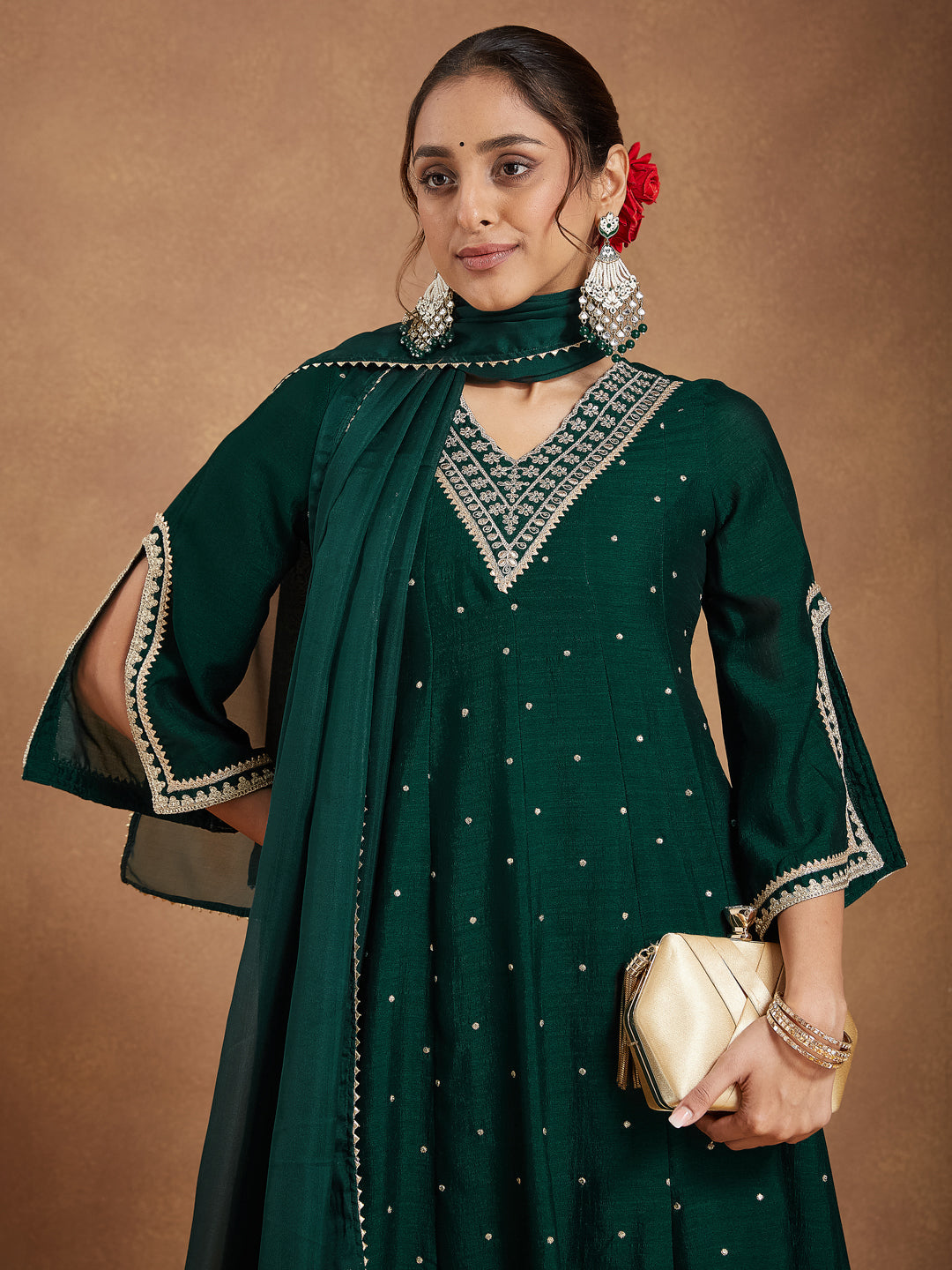 Women's Green Silk Blend Zari Embroidered Anarkali Kurta With Palazzo & Dupatta Set