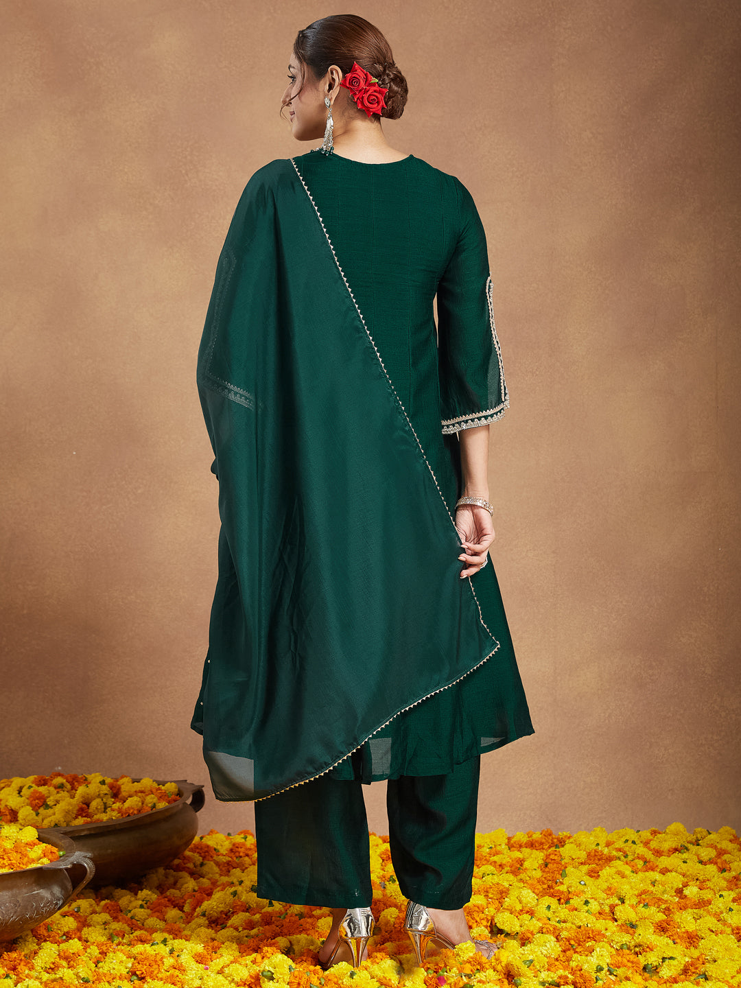 Women's Green Silk Blend Zari Embroidered Anarkali Kurta With Palazzo & Dupatta Set